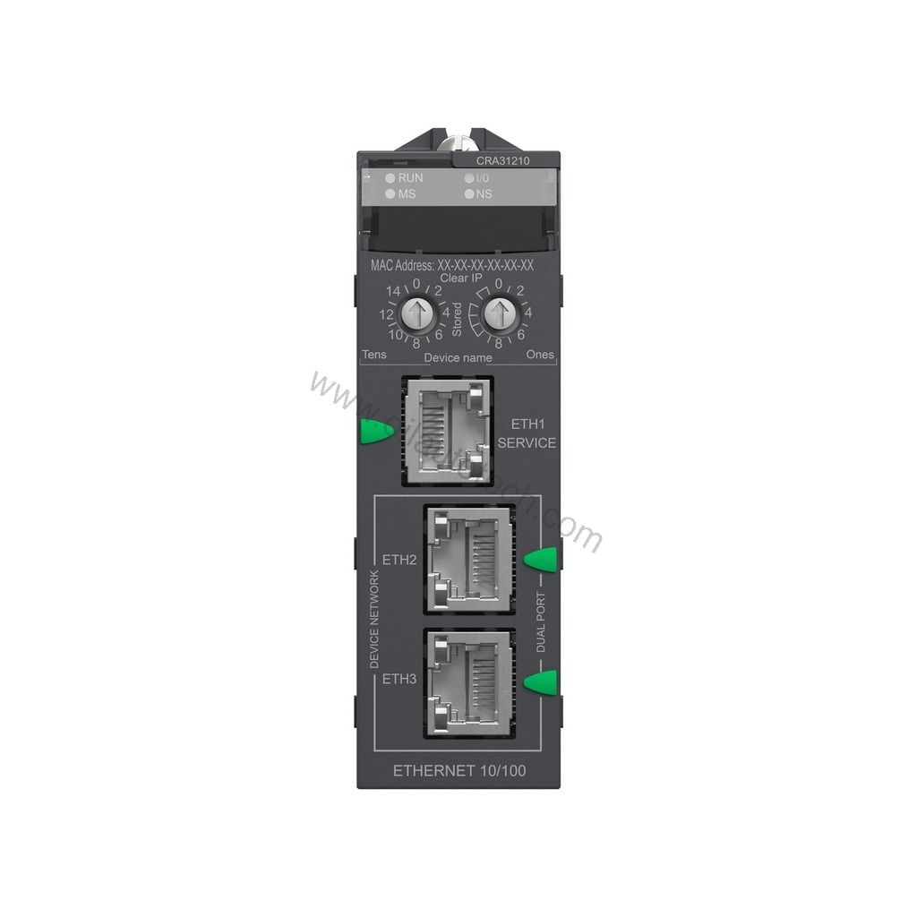 Figure 2: Technical layout and connection details for the Schneider BMXCRA31210 industrial automation component.