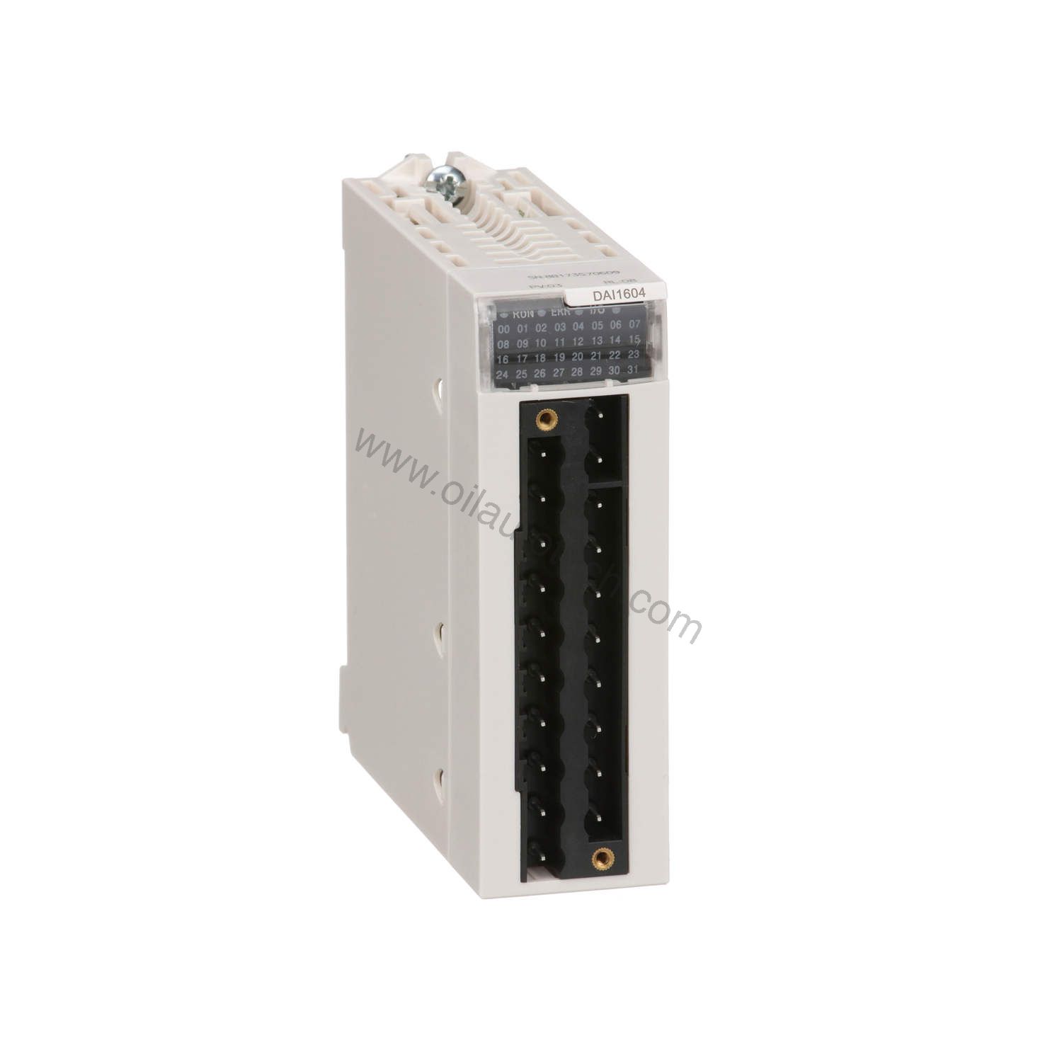 Figure 1: Front view of the Schneider BMXDAI1604 industrial automation component showing its physical design and enclosure.