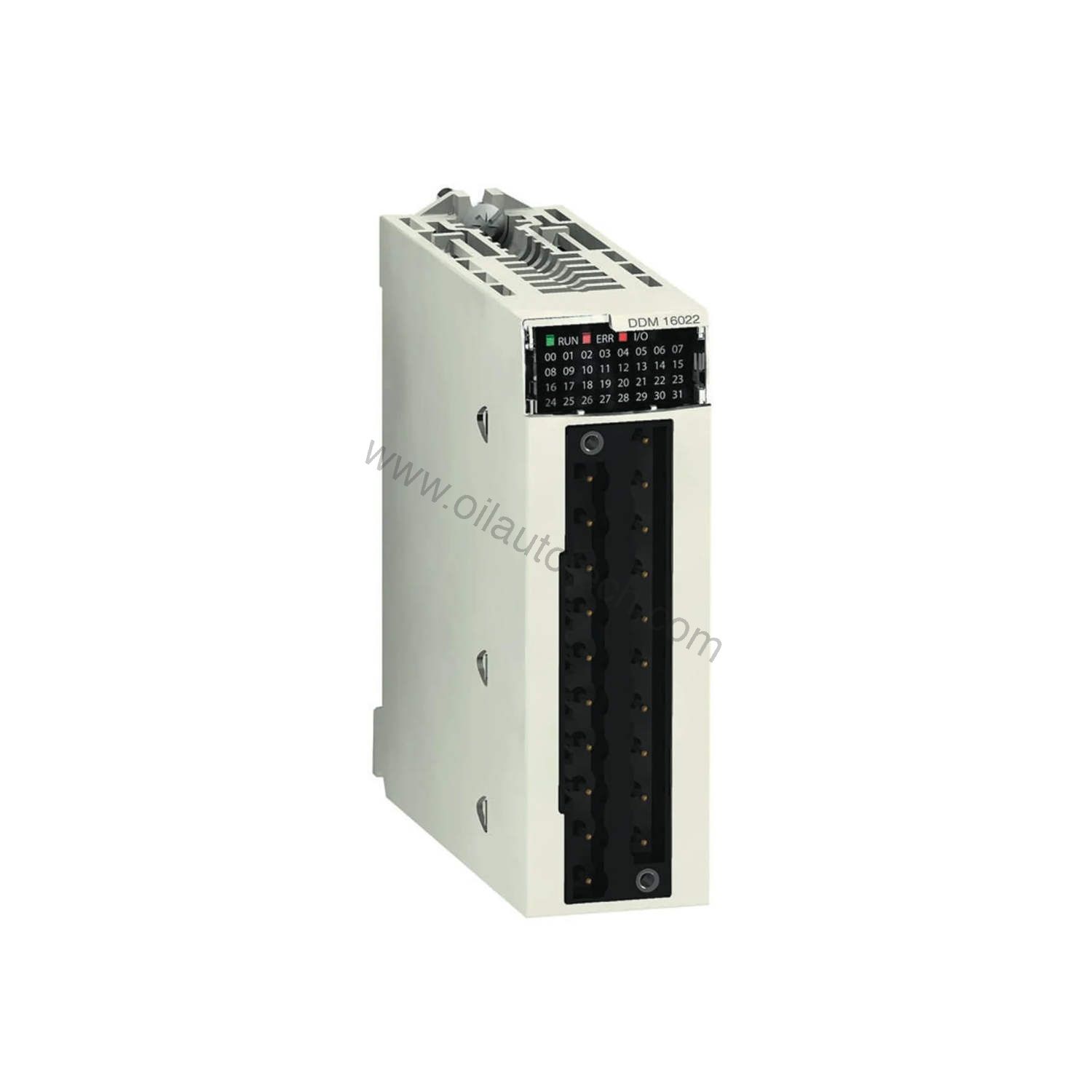 Figure 1: Front view of the Schneider BMXDDO1602 industrial automation component showing its physical design and enclosure.