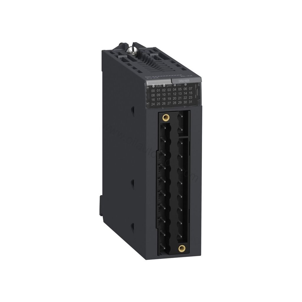 Figure 1: Front view of the Schneider BMXDRA1605 industrial automation component showing its physical design and enclosure.