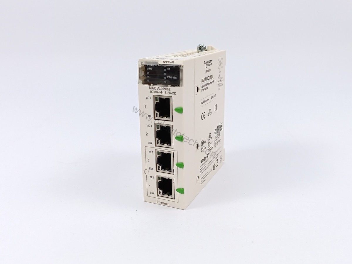 Figure 1: Front view of the Schneider BMXNOC0401 industrial automation component showing its physical design and enclosure.
