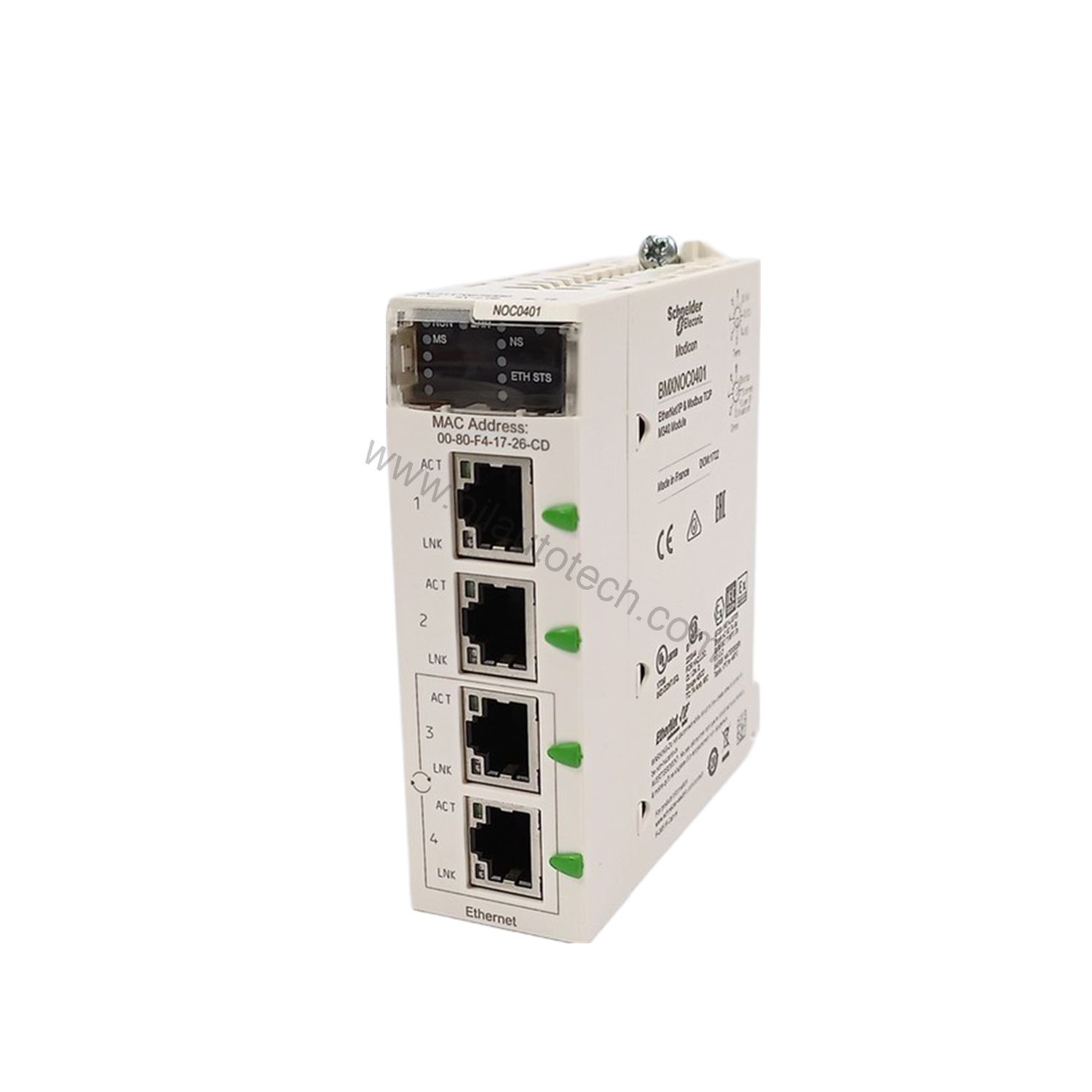 Figure 2: Technical layout and connection details for the Schneider BMXNOC0401 industrial automation component.