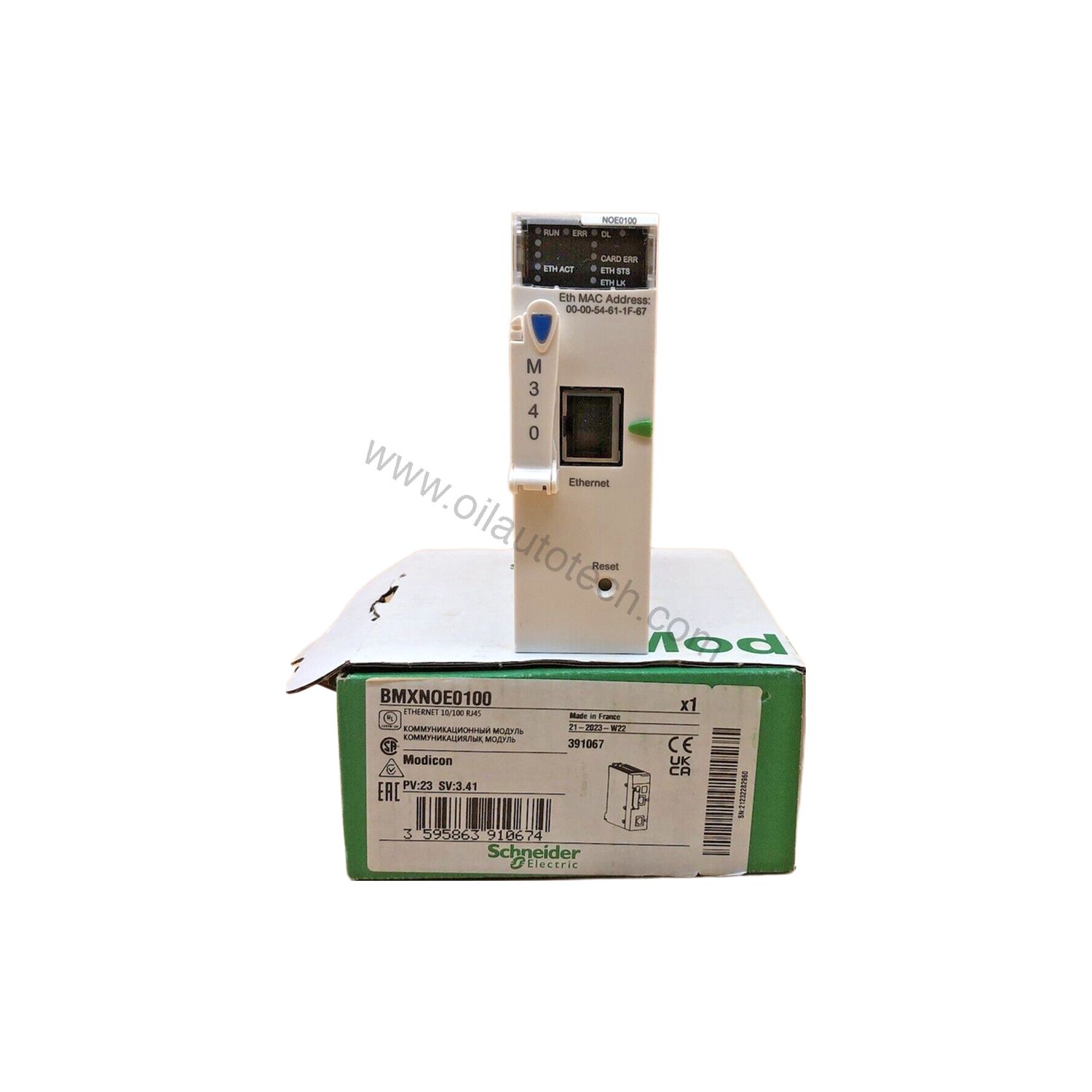 Figure 2: Technical layout and connection details for the Schneider BMXNOE0100 industrial automation component.
