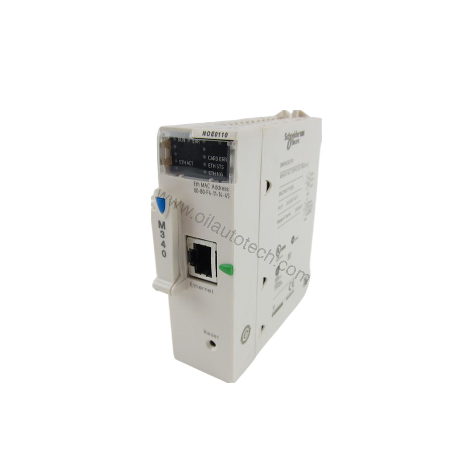 Figure 1: Front view of the Schneider BMXNOE0110 industrial automation component showing its physical design and enclosure.