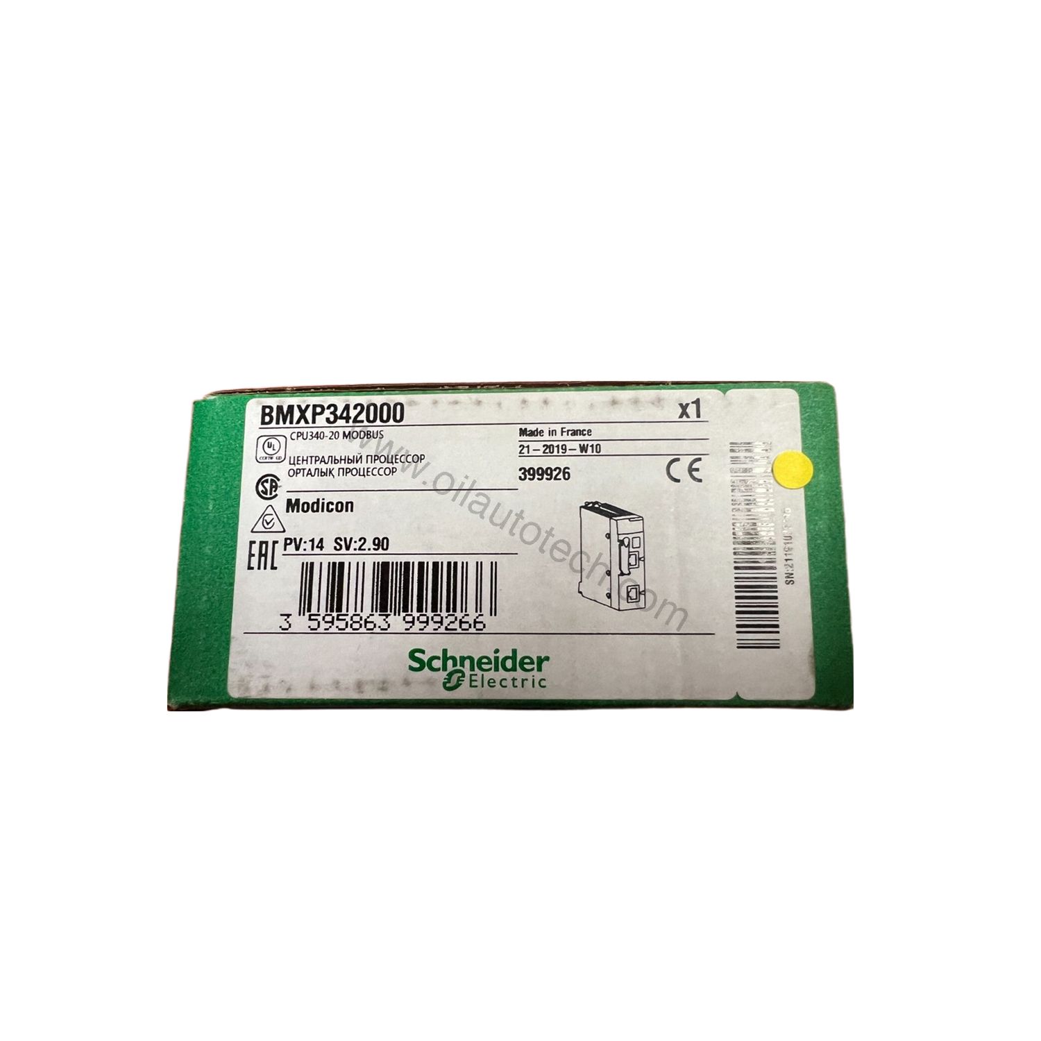 Figure 2: Technical layout and connection details for the Schneider BMXP342000 industrial automation component.