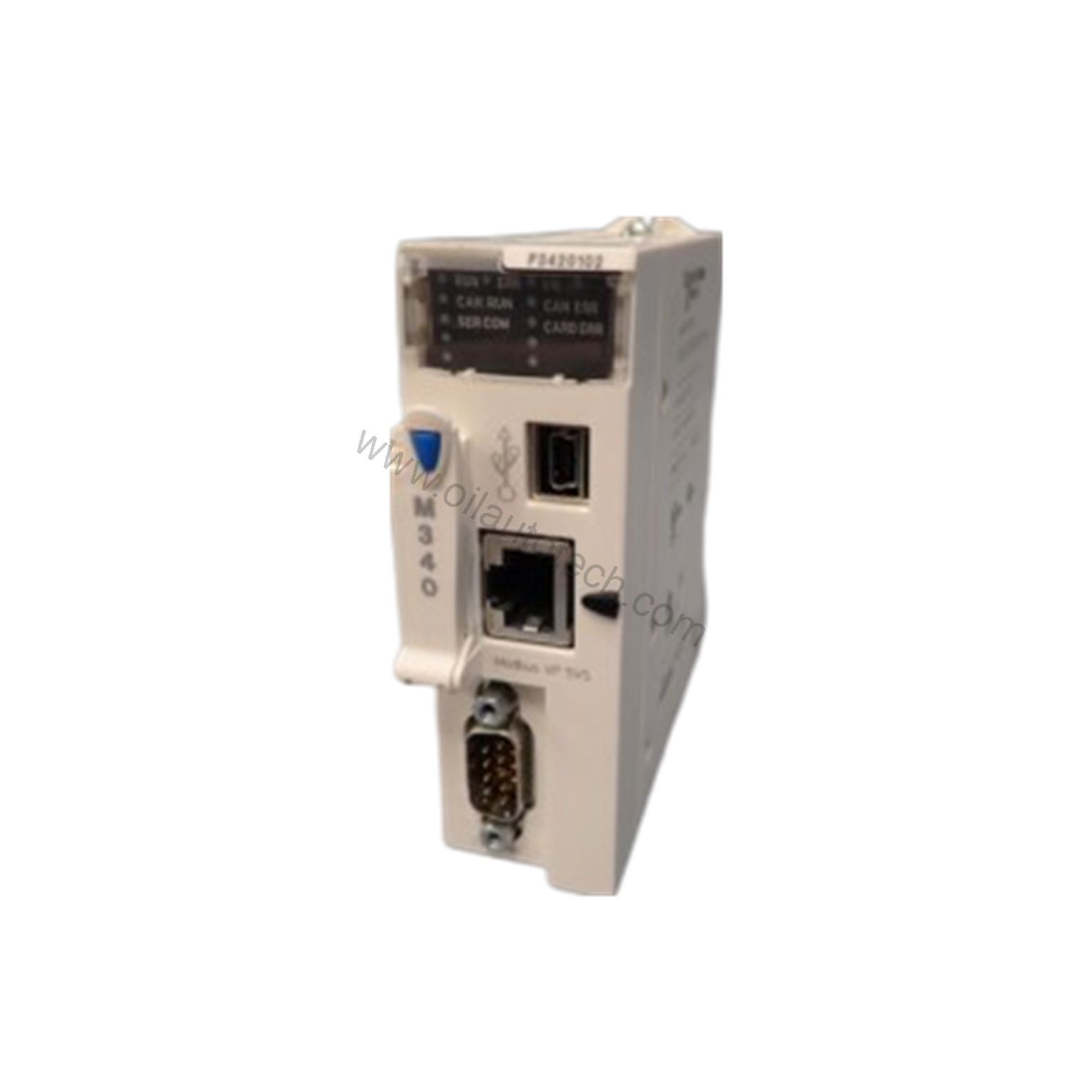 Figure 2: Technical layout and connection details for the Schneider BMXP3420102 industrial automation component.