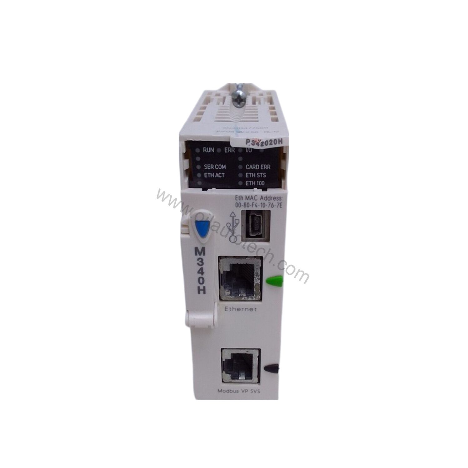 Figure 2: Technical layout and connection details for the Schneider BMXP342020H industrial automation component.