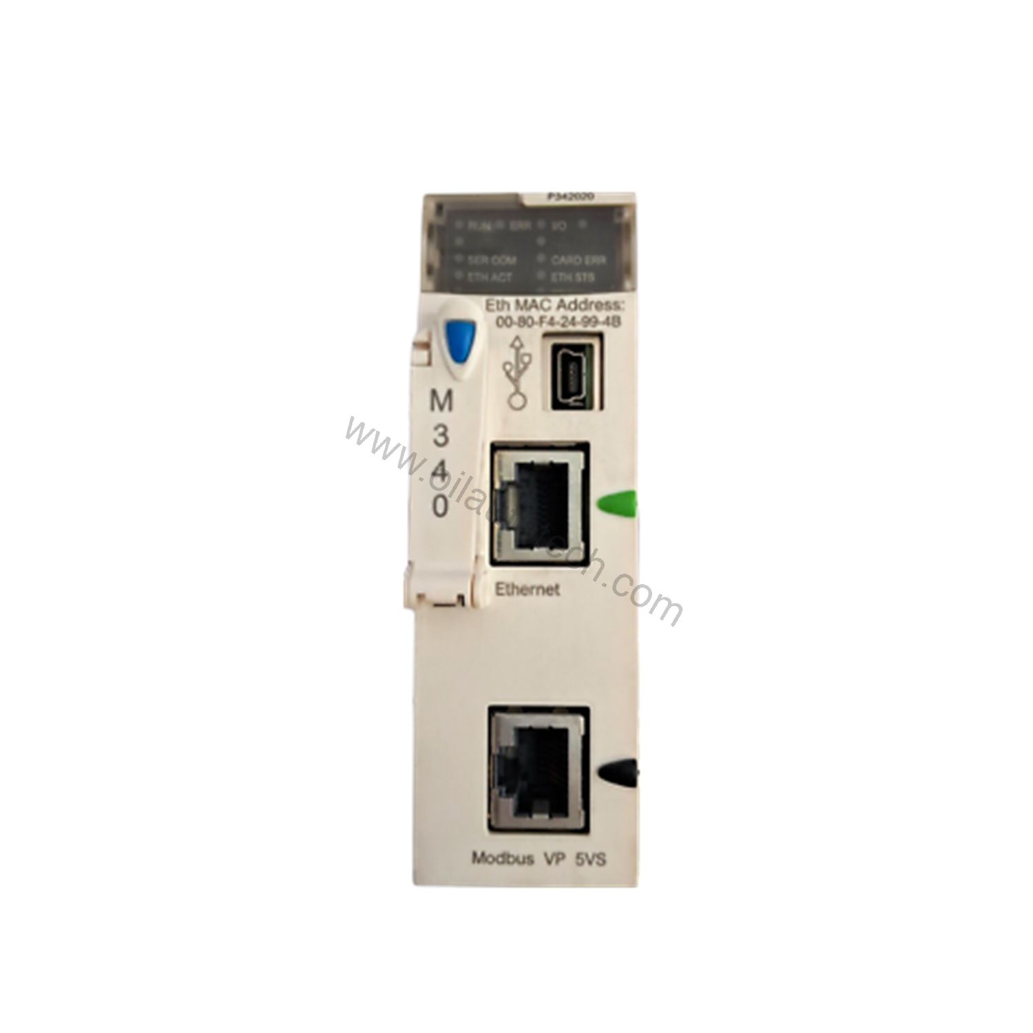Figure 2: Technical layout and connection details for the Schneider BMXP342020 industrial automation component.