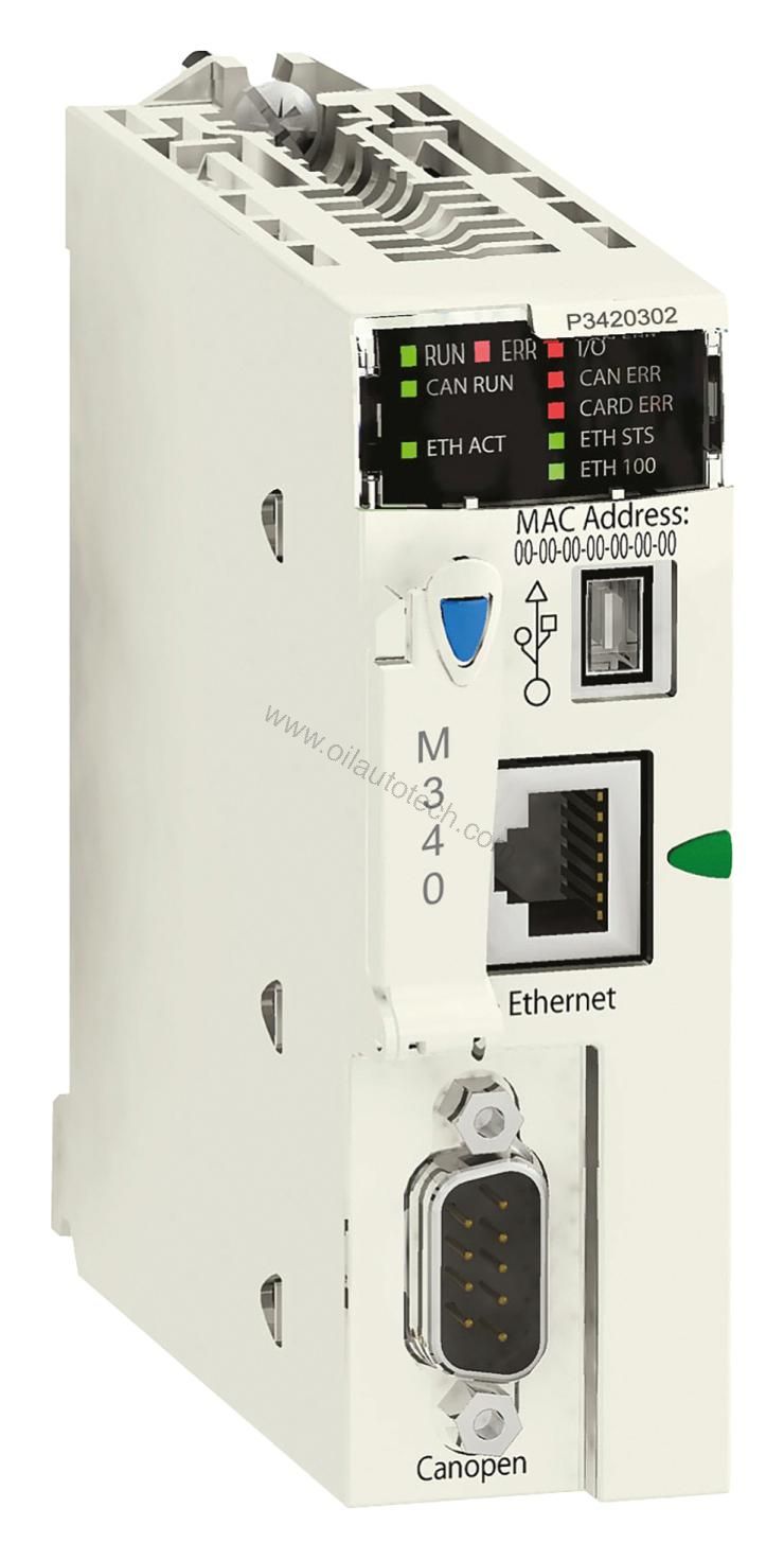 Figure 1: Front view of the Schneider BMXP3420302 industrial automation component showing its physical design and enclosure.