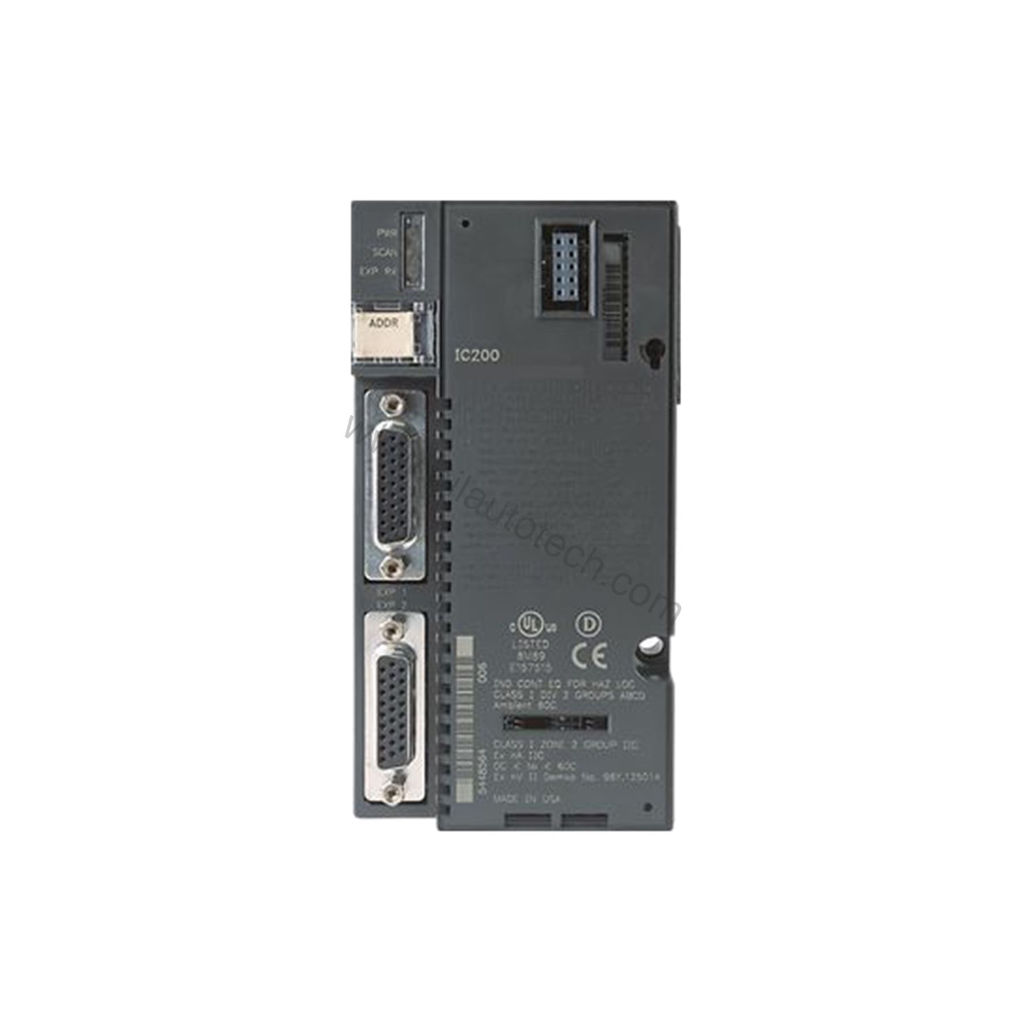 Figure 2: Technical layout and connection details for the GE IC200ERM002 industrial automation component.