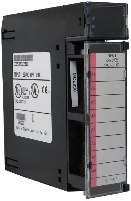Figure 1: Front view of the GE IC693MDL230C industrial automation component showing its physical design and enclosure.
