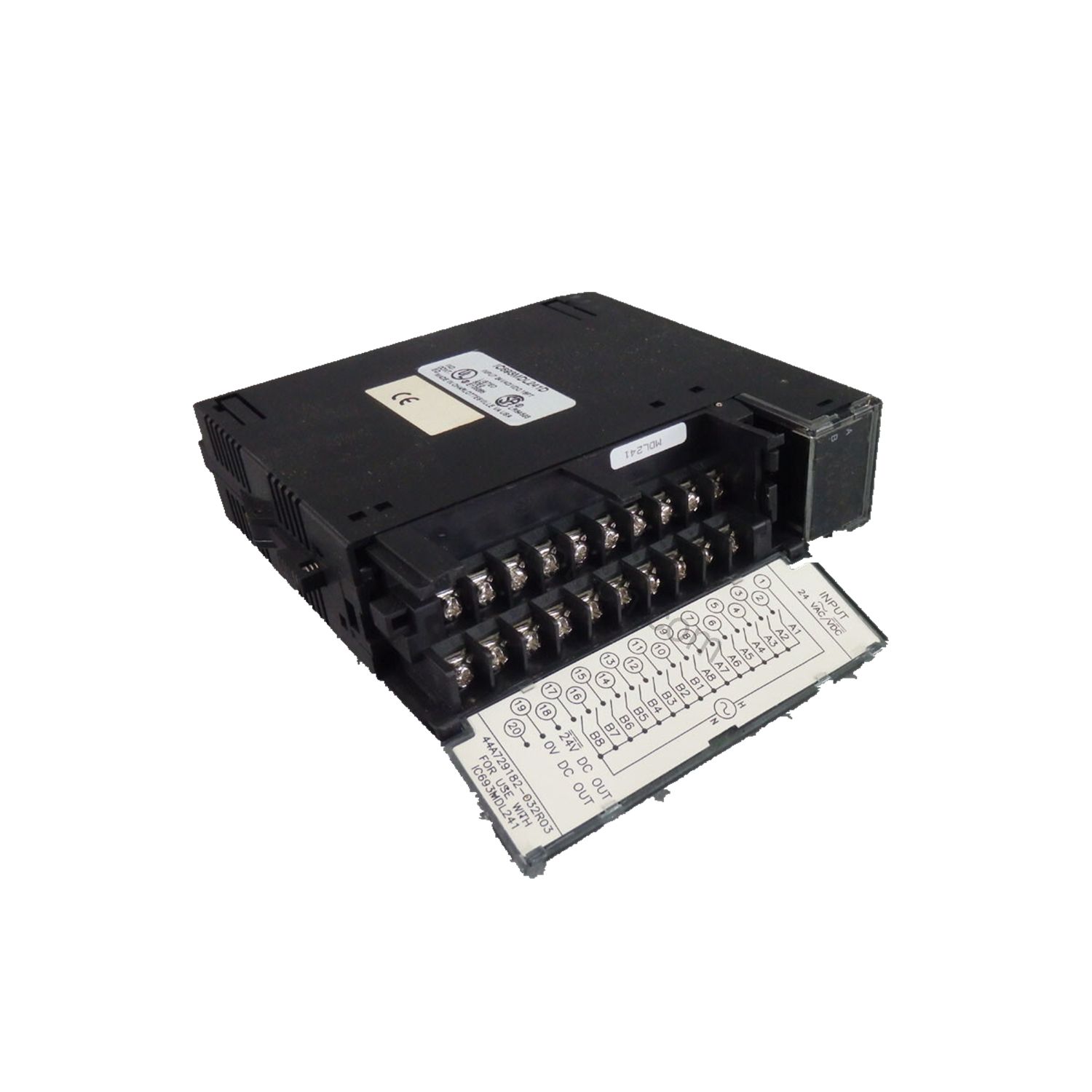 Figure 2: Technical layout and connection details for the GE IC693MDL241D industrial automation component.