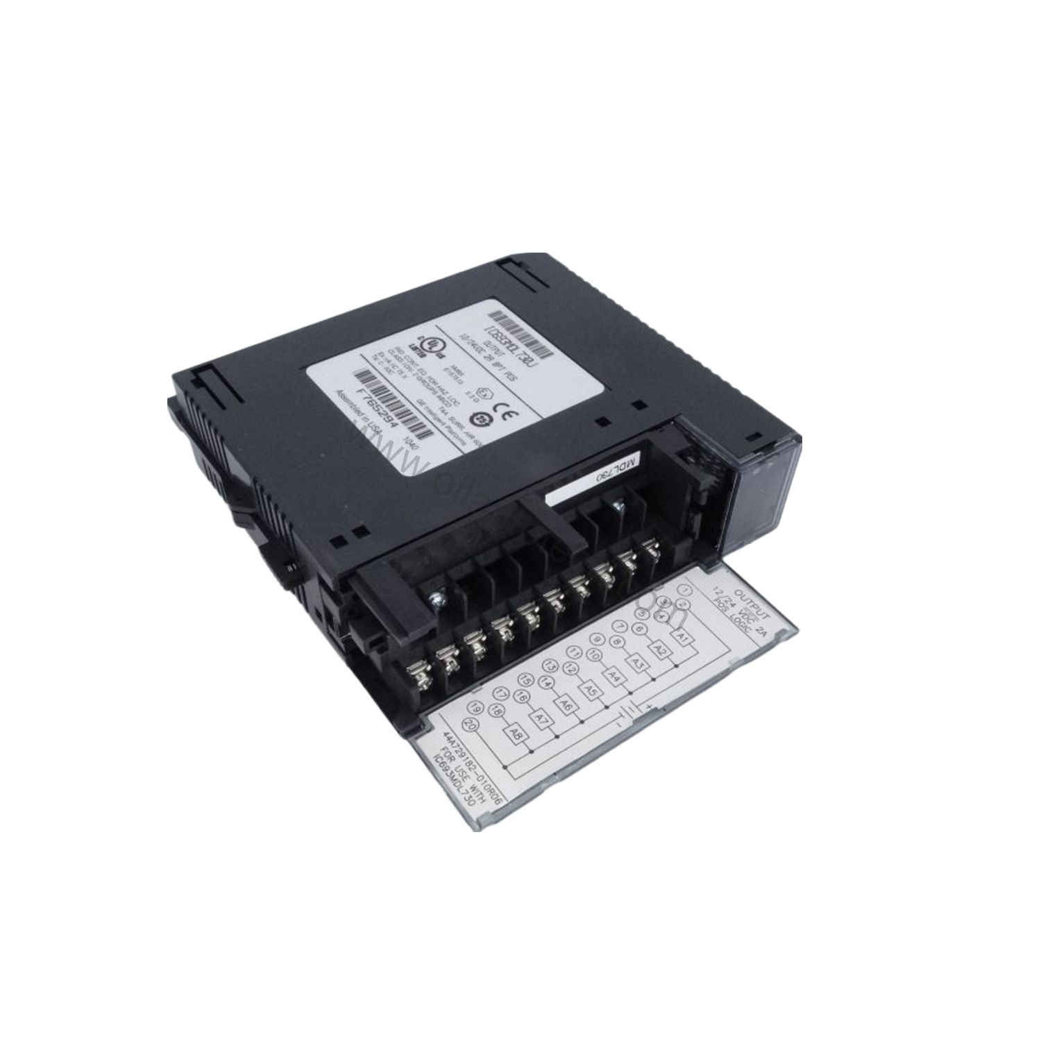 Figure 2: Technical layout and connection details for the GE IC693MDL730E industrial automation component.