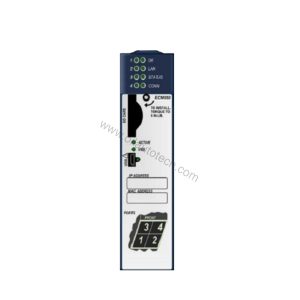 Figure 2: Technical layout and connection details for the GE IC695ETM001 industrial automation component.