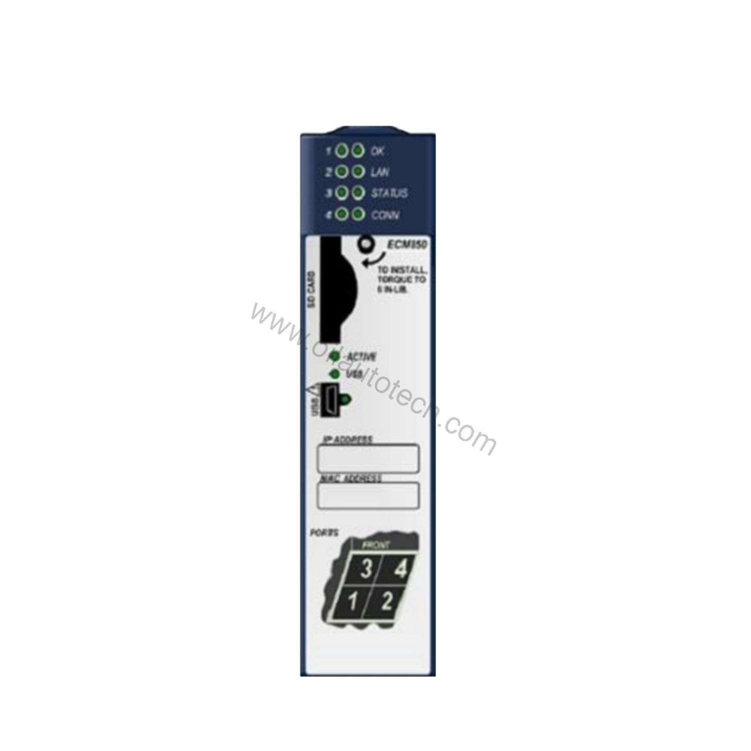 Figure 2: Technical layout and connection details for the GE IC695ETM001 industrial automation component.