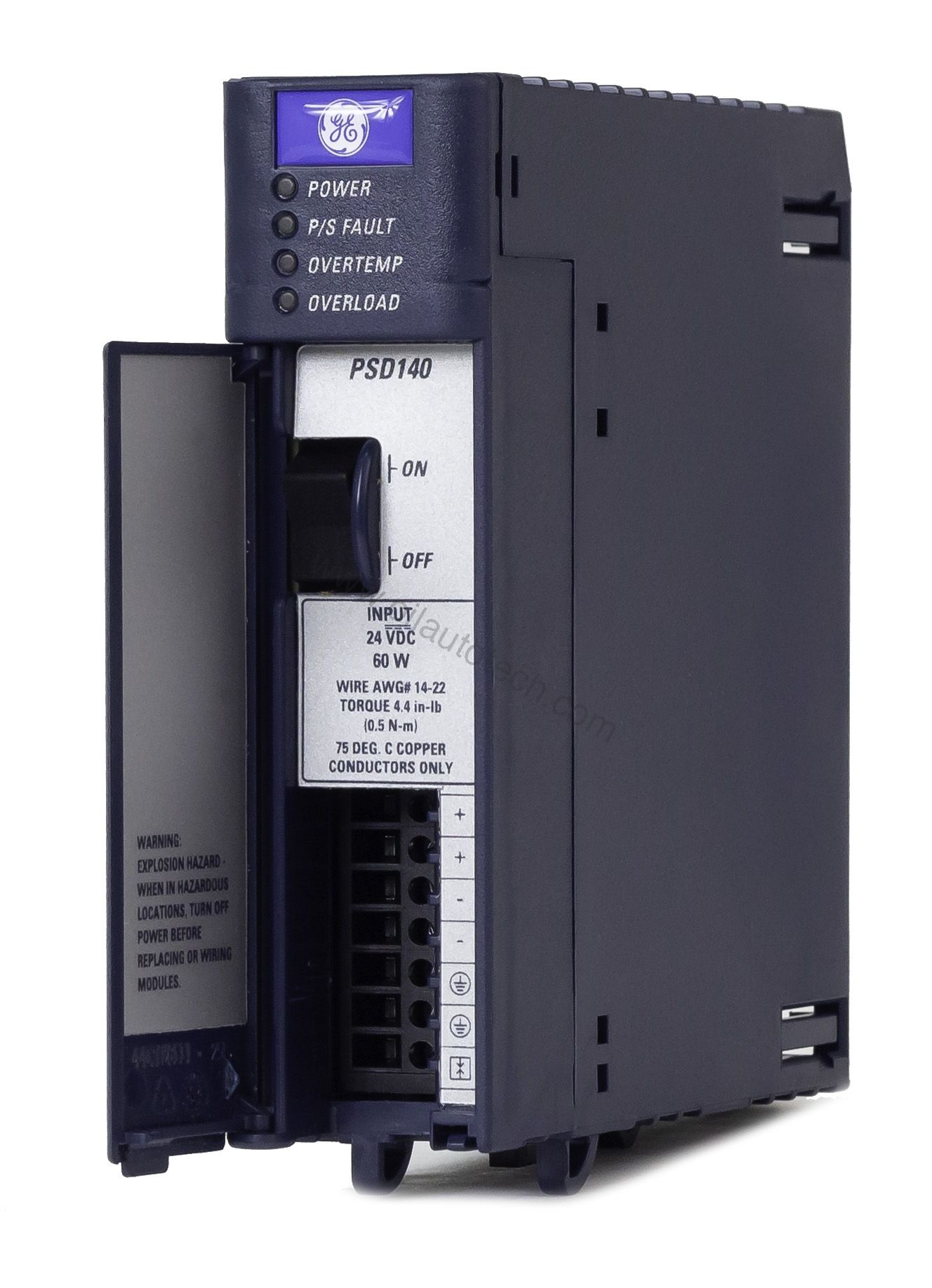 Figure 1: Front view of the GE IC695PSD140 industrial automation component showing its physical design and enclosure.