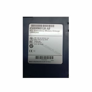 Figure 1: Front view of the GE IC695RMX128 industrial automation component showing its physical design and enclosure.