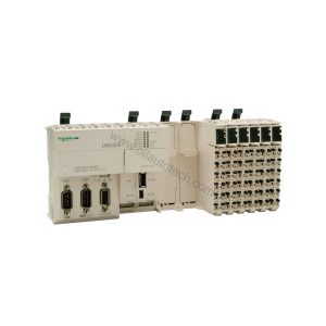 Figure 2: Technical layout and connection details for the Schneider LMC058LF424 industrial automation component.