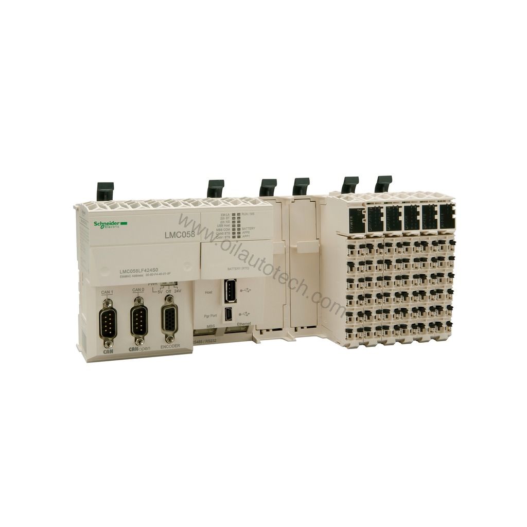 Figure 2: Technical layout and connection details for the Schneider LMC058LF424 industrial automation component.