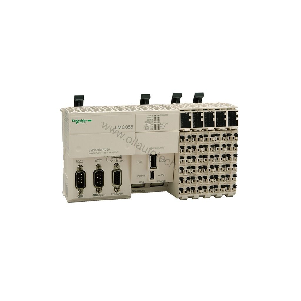 Figure 1: Front view of the Schneider LMC058LF42S0 industrial automation component showing its physical design and enclosure.