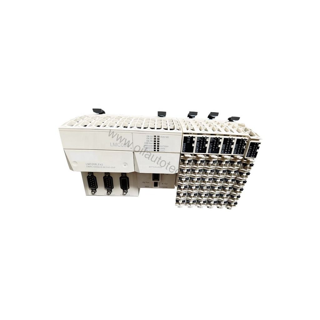Figure 1: Front view of the Schneider LMC058LF42 industrial automation component showing its physical design and enclosure.