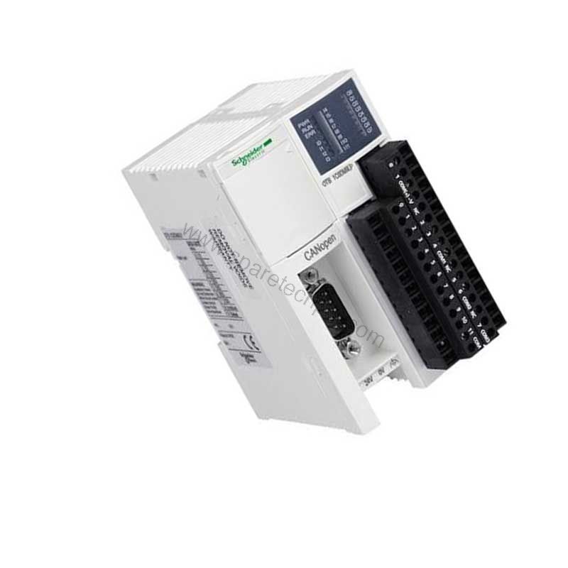 Figure 2: Technical layout and connection details for the Schneider OTB1C0DM9LP industrial automation component.