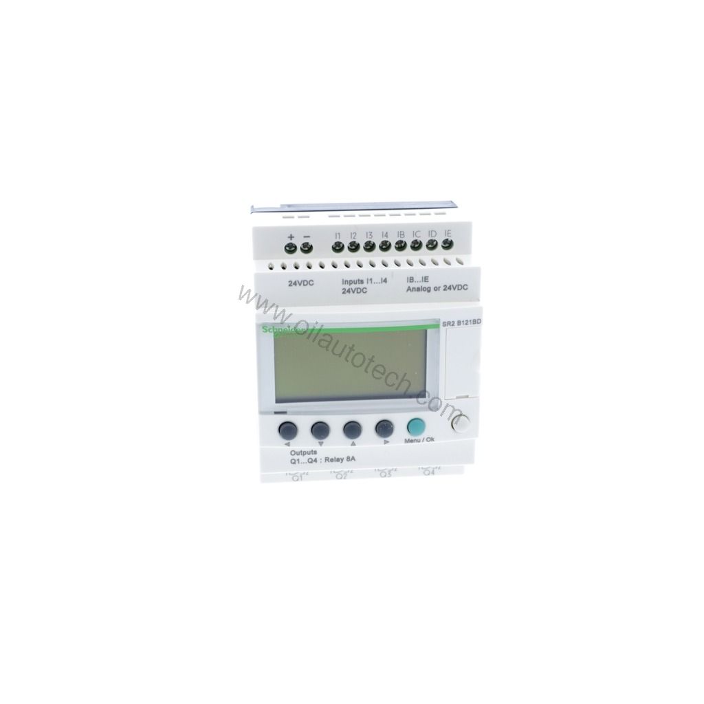 Figure 1: Front view of the Schneider SR2B121BD industrial automation component showing its physical design and enclosure.