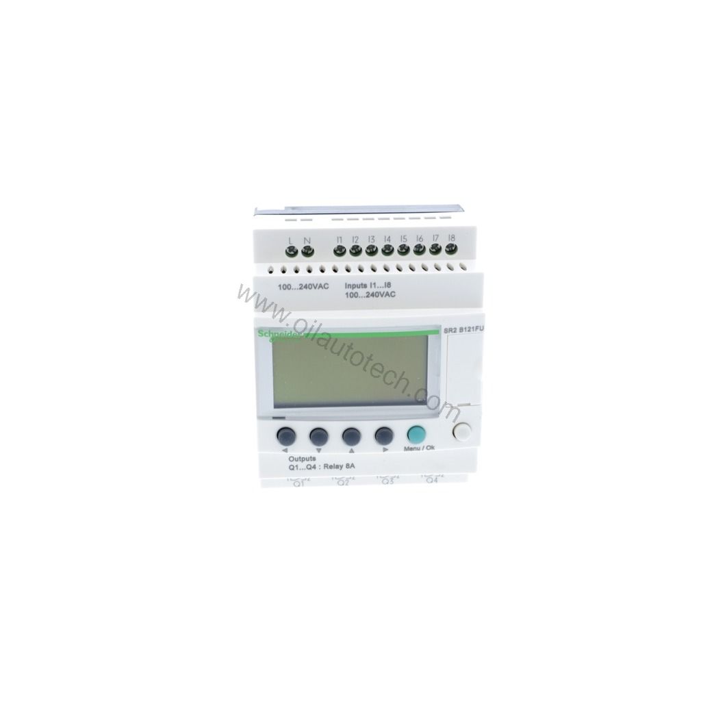 Figure 1: Front view of the Schneider SR2B121FU industrial automation component showing its physical design and enclosure.