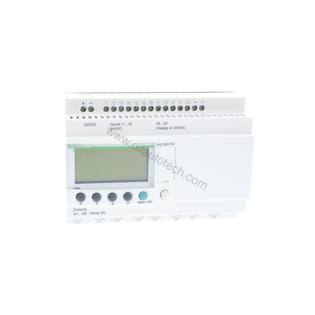 Figure 1: Front view of the Schneider SR2B201BD industrial automation component showing its physical design and enclosure.