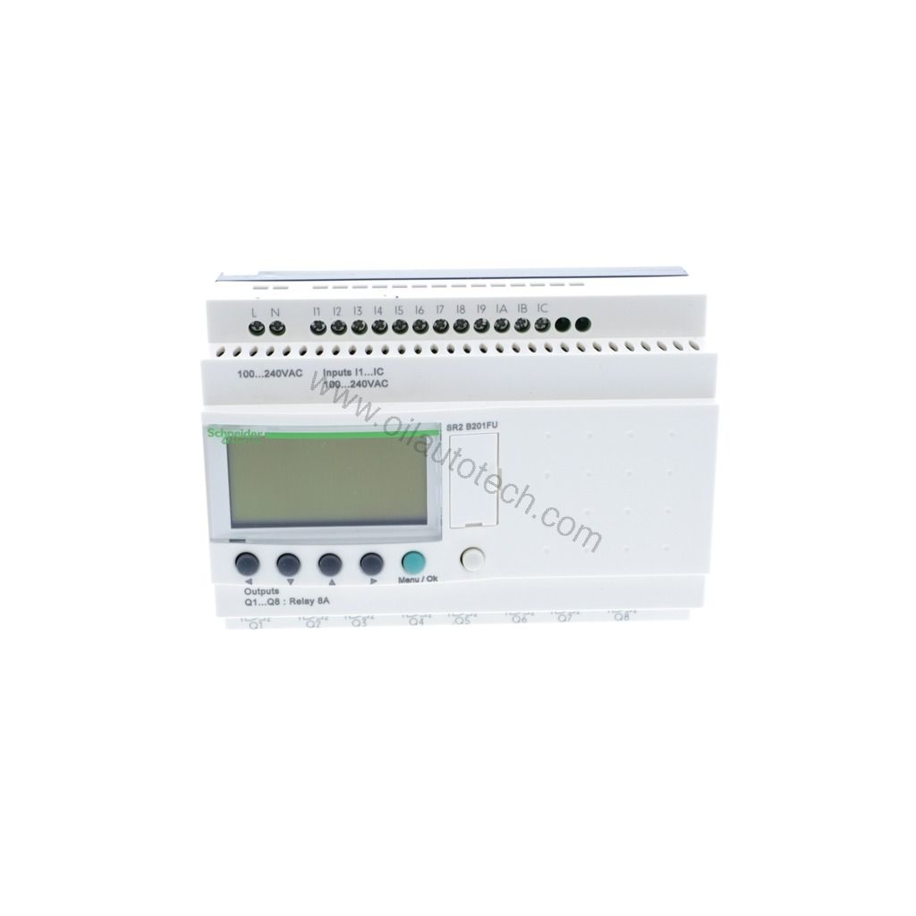 Figure 1: Front view of the Schneider SR2B201FU industrial automation component showing its physical design and enclosure.