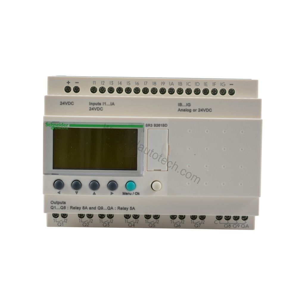 Figure 1: Front view of the Schneider SR3B261BD industrial automation component showing its physical design and enclosure.