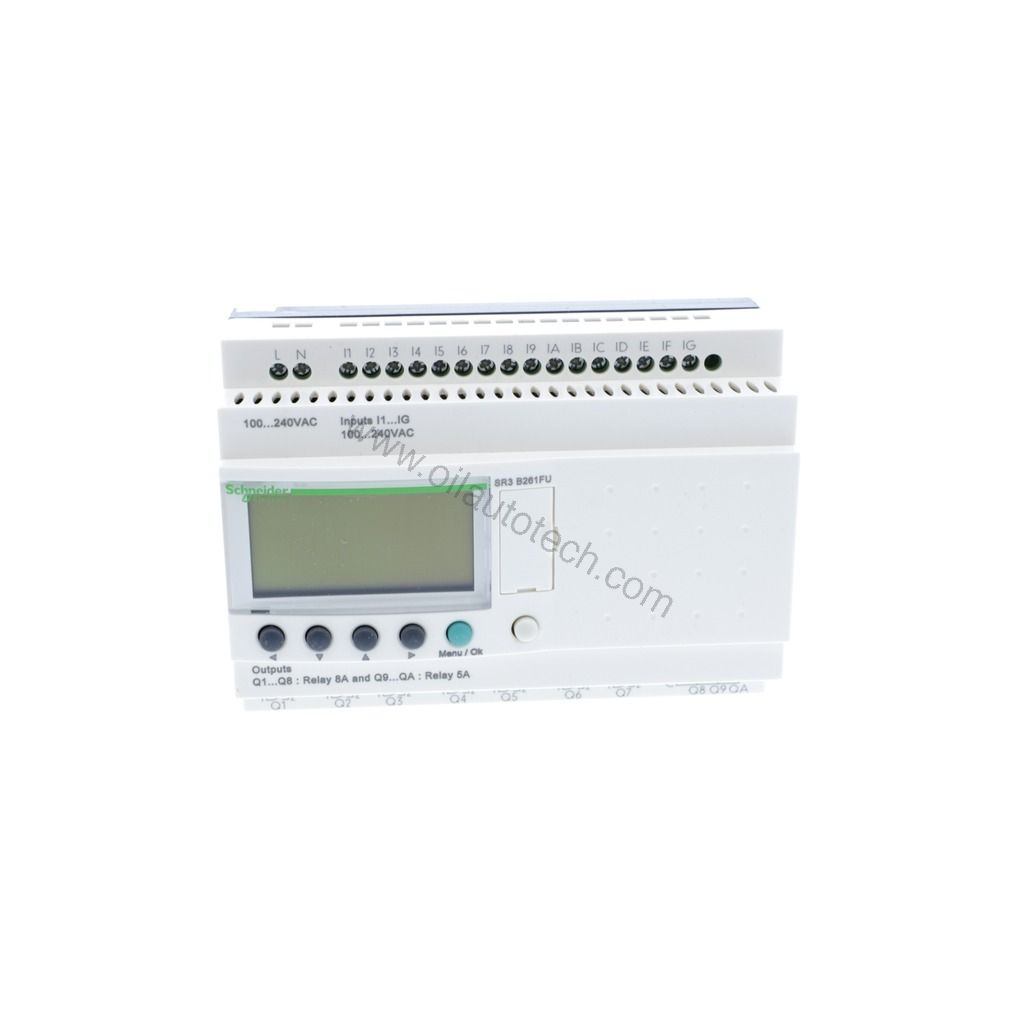 Figure 1: Front view of the Schneider SR3B261FU industrial automation component showing its physical design and enclosure.