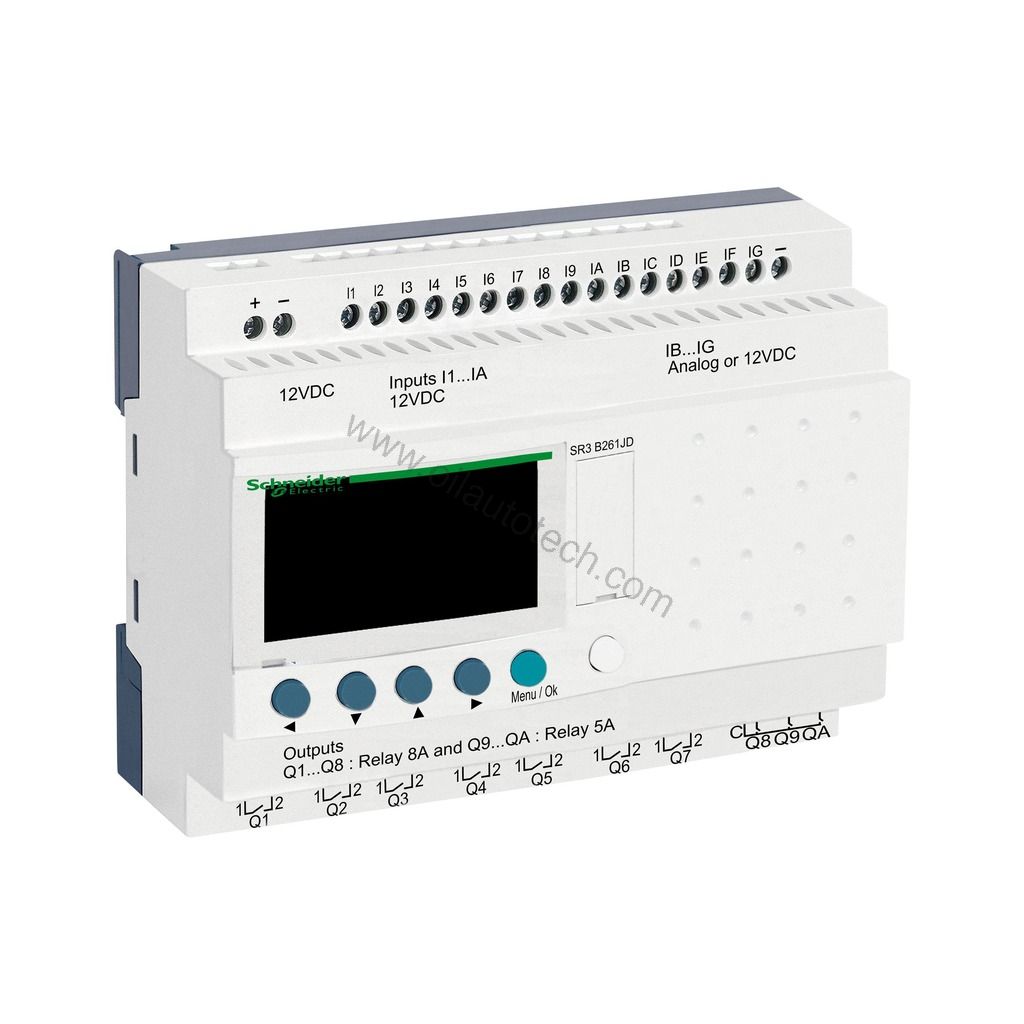 Figure 1: Front view of the Schneider SR3B261JD industrial automation component showing its physical design and enclosure.