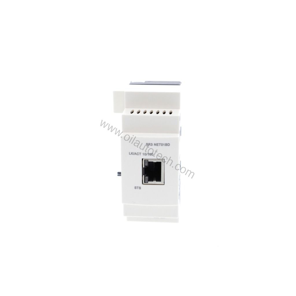 Figure 1: Front view of the Schneider SR3NET01BD industrial automation component showing its physical design and enclosure.