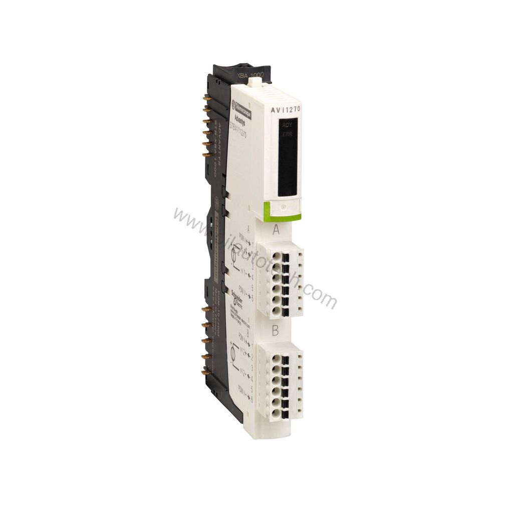 Figure 1: Front view of the Schneider STBAVI1270 industrial automation component showing its physical design and enclosure.