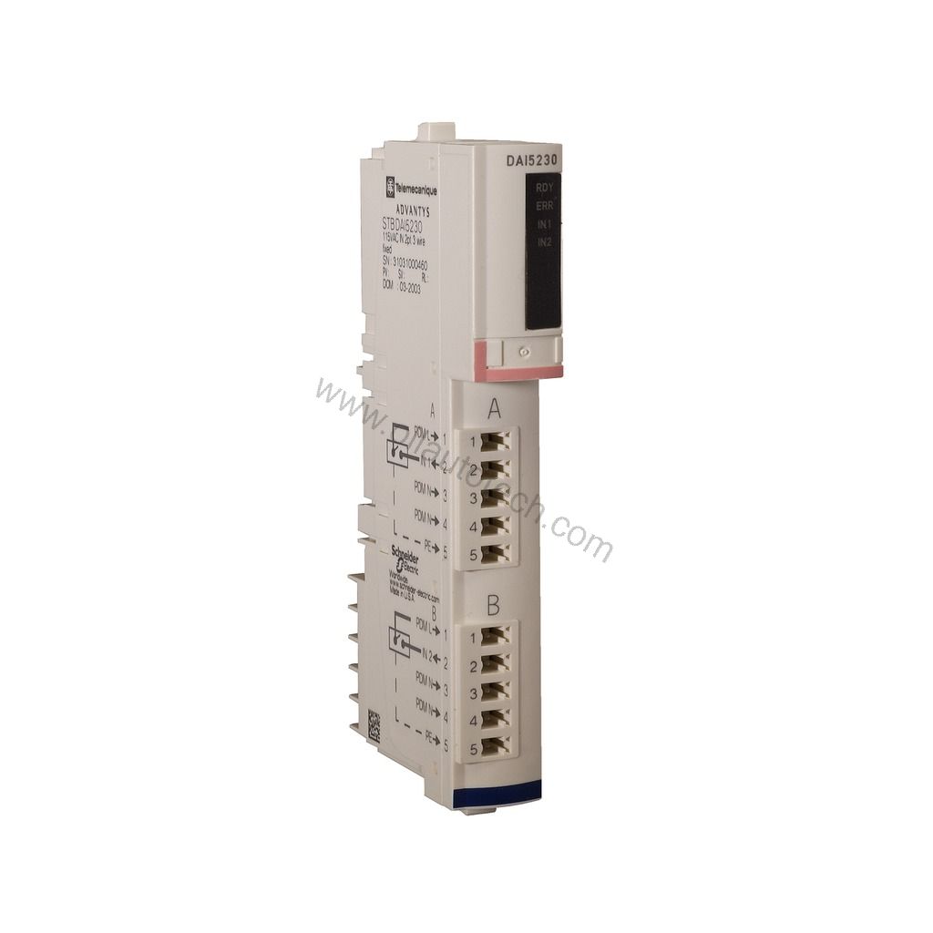 Figure 1: Front view of the Schneider STBDAI5230 industrial automation component showing its physical design and enclosure.