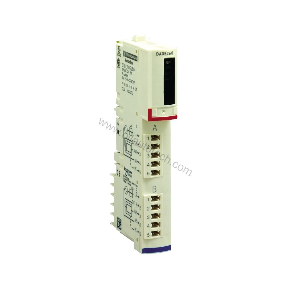 Figure 1: Front view of the Schneider STBDAO5260 industrial automation component showing its physical design and enclosure.