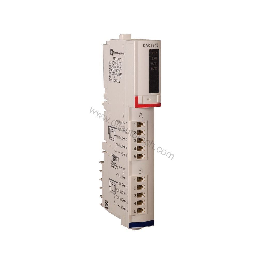 Figure 1: Front view of the Schneider STBDAO8210 industrial automation component showing its physical design and enclosure.
