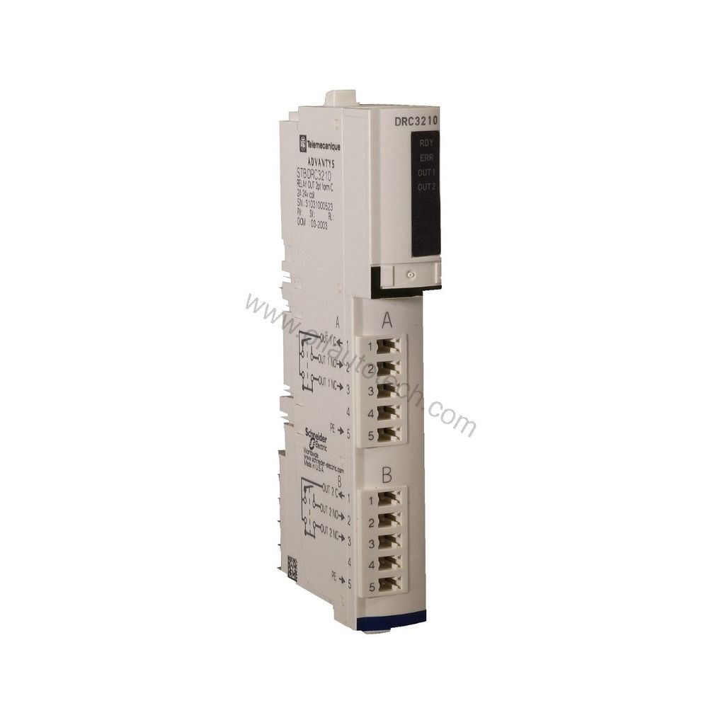 Figure 1: Front view of the Schneider STBDRC3210 industrial automation component showing its physical design and enclosure.