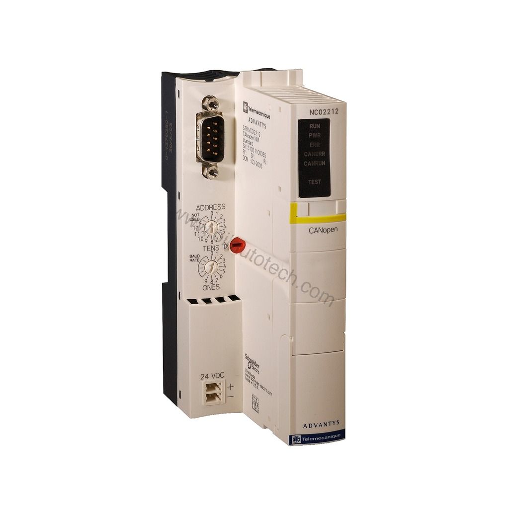 Figure 1: Front view of the Schneider STBNCO1010 industrial automation component showing its physical design and enclosure.