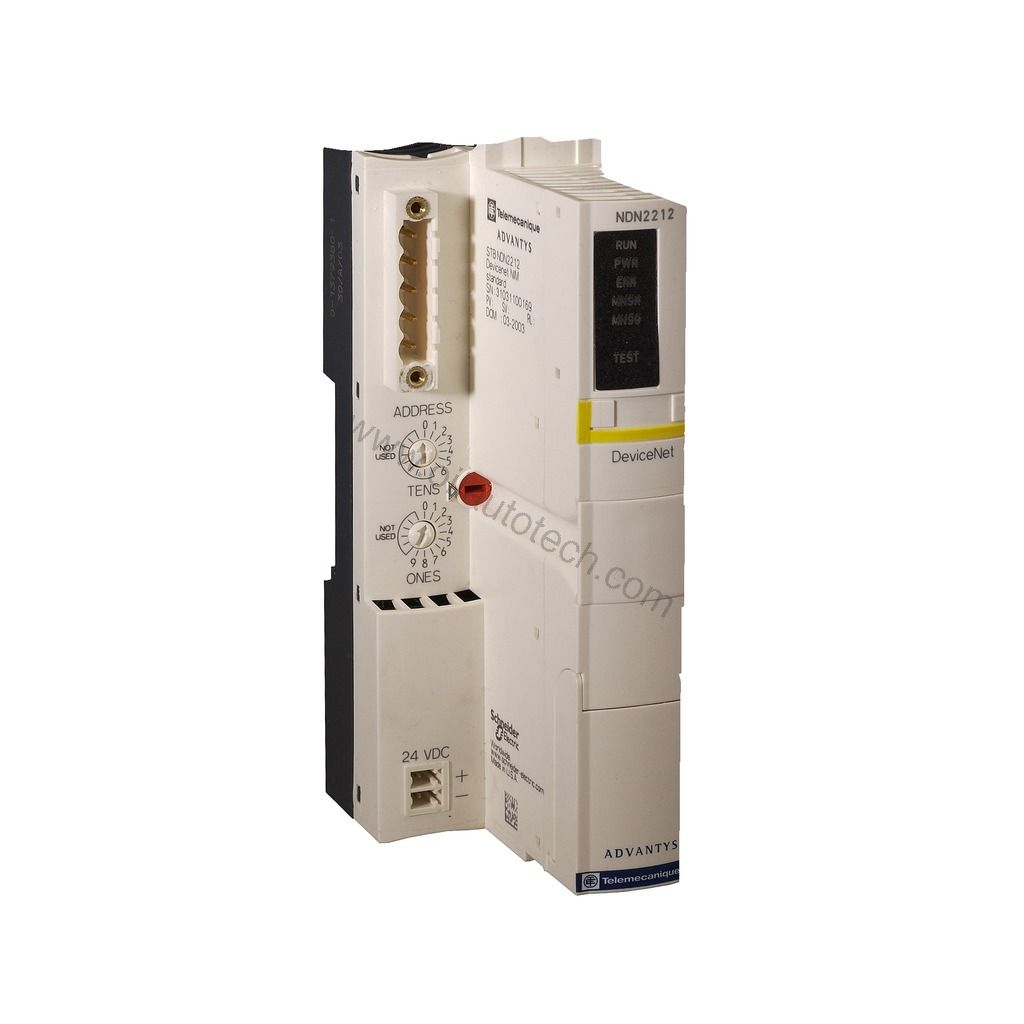 Figure 1: Front view of the Schneider STBNDN2212 industrial automation component showing its physical design and enclosure.