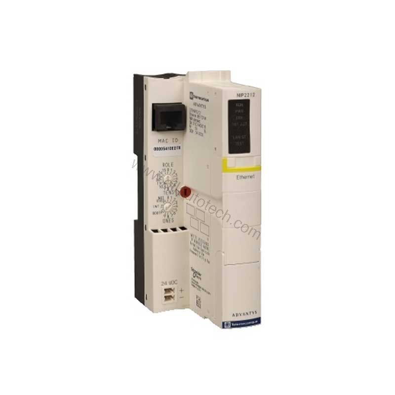 Figure 1: Front view of the Schneider STBNIC2212 industrial automation component showing its physical design and enclosure.
