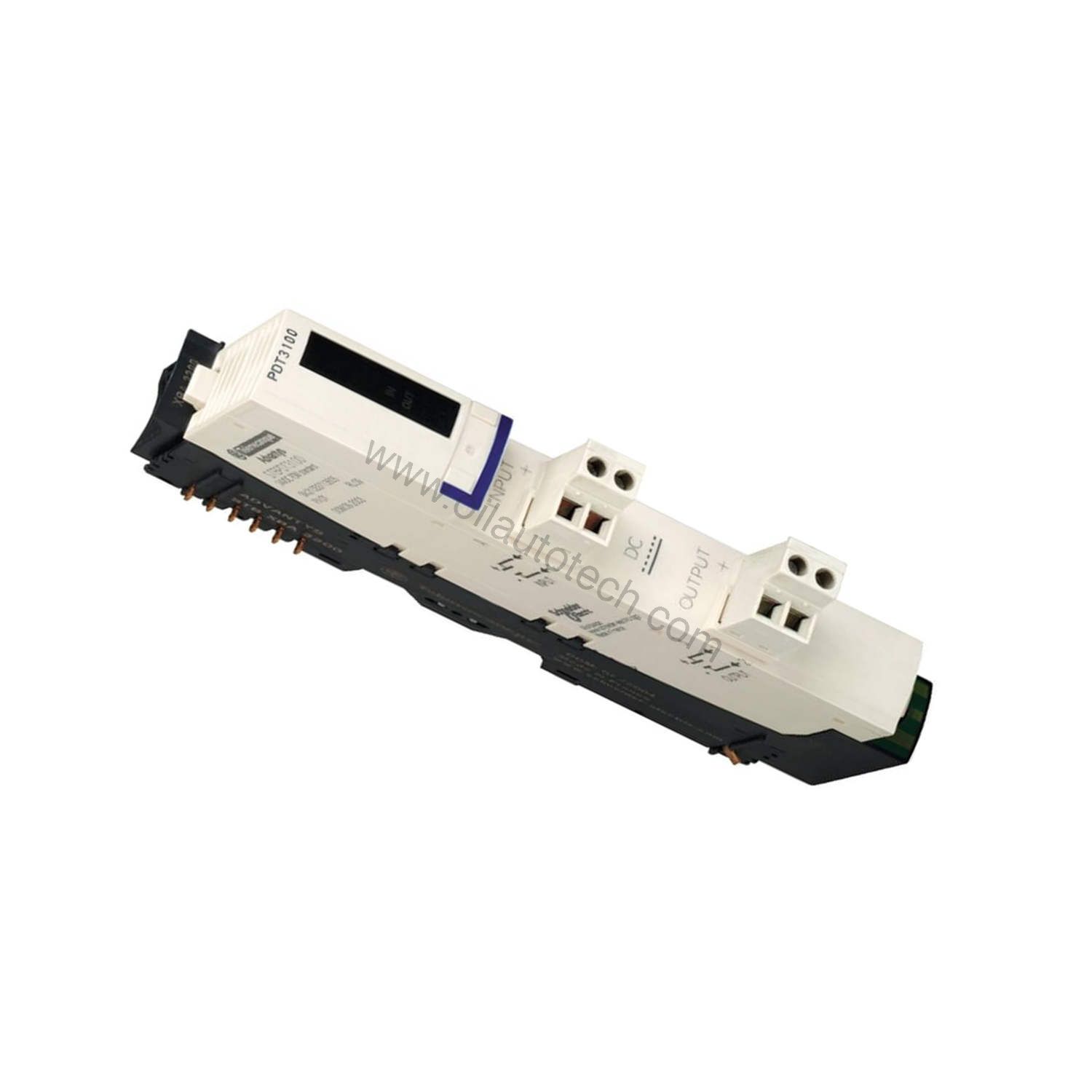 Figure 1: Front view of the Schneider STBPDT3100 industrial automation component showing its physical design and enclosure.