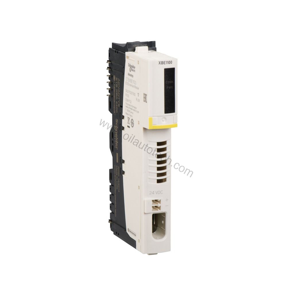 Figure 1: Front view of the Schneider STBXBE1100 industrial automation component showing its physical design and enclosure.