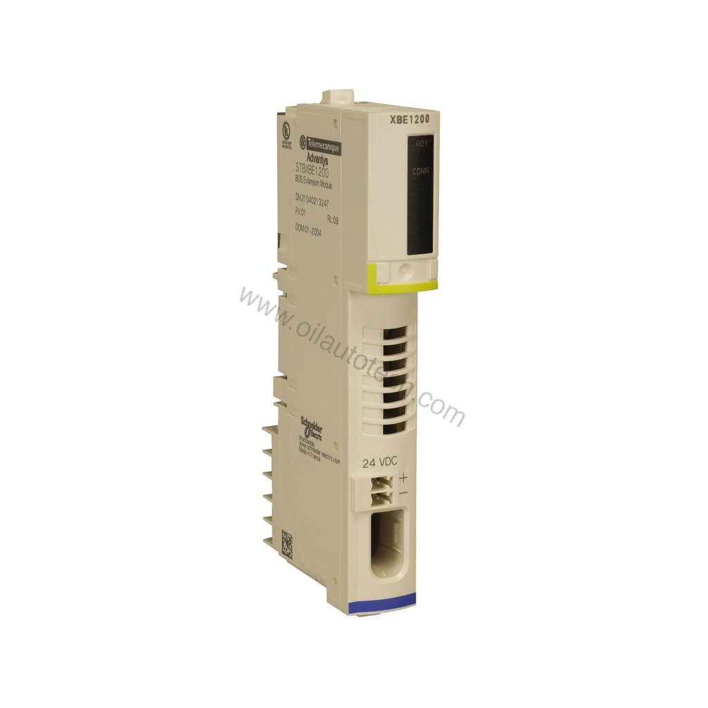 Figure 1: Front view of the Schneider STBXBE1200 industrial automation component showing its physical design and enclosure.