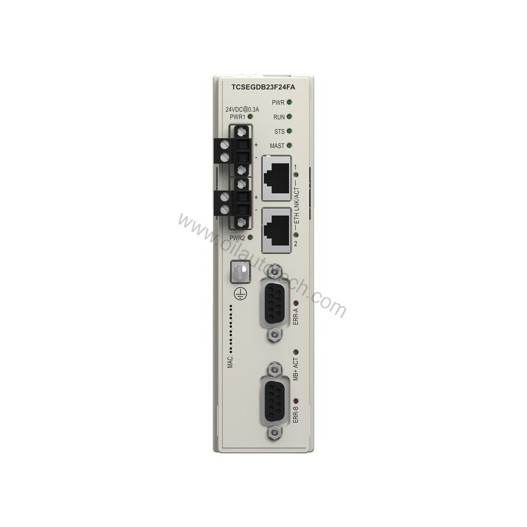 Figure 1: Front view of the Schneider TCSEGDB23F24FA industrial automation component showing its physical design and enclosure.