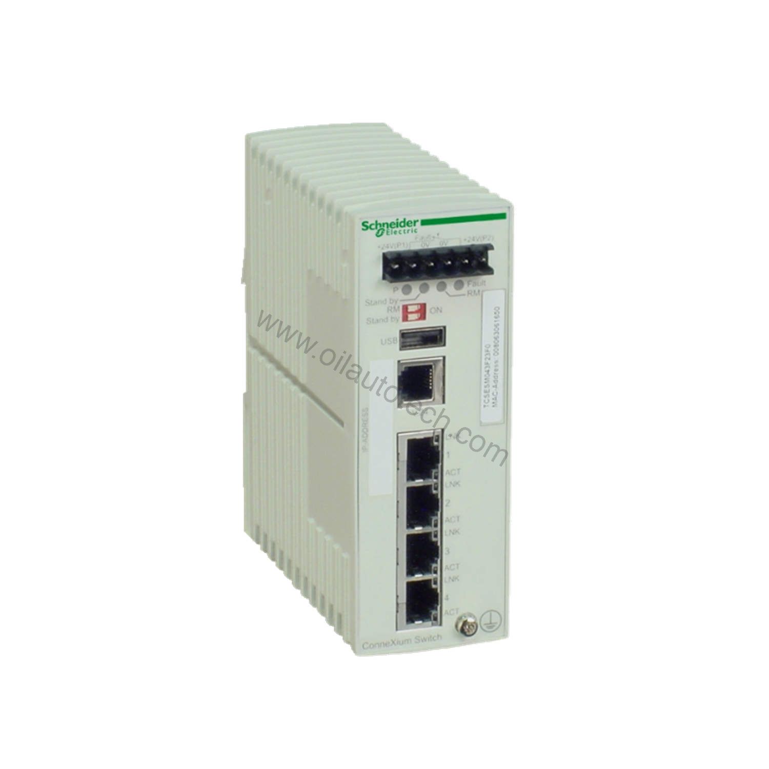 Figure 1: Front view of the Schneider TCSESM043F23F0 industrial automation component showing its physical design and enclosure.