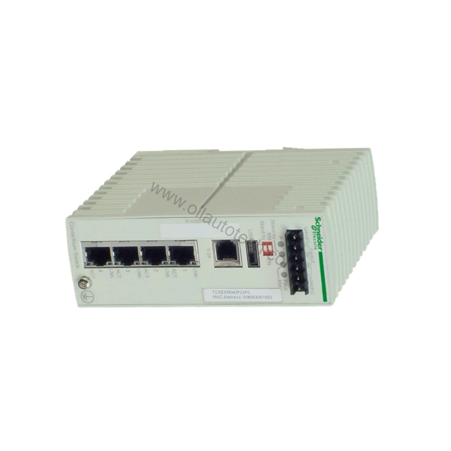 Figure 2: Technical layout and connection details for the Schneider TCSESM043F23F0 industrial automation component.