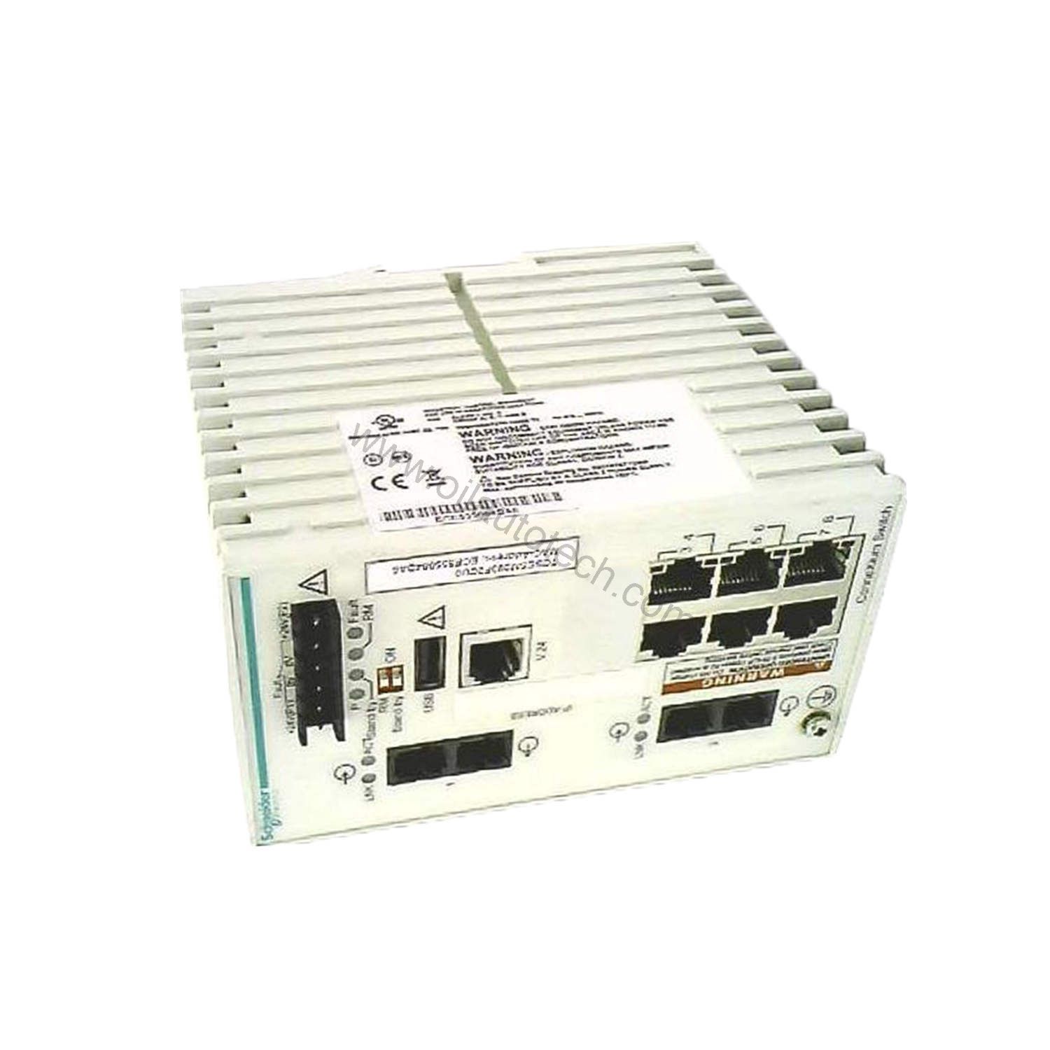 Figure 2: Technical layout and connection details for the Schneider TCSESM083F2CU0 industrial automation component.