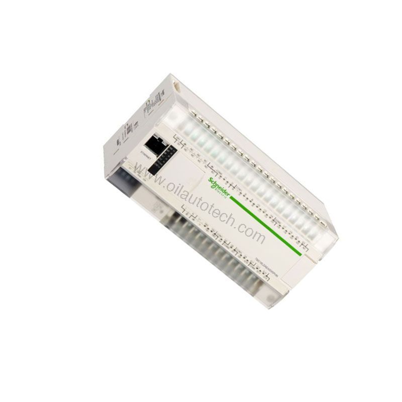 Figure 2: Technical layout and connection details for the Schneider TM218LDA24DRHN industrial automation component.